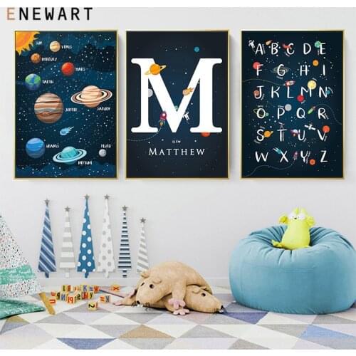 Nursery Space Theme Wall Art Customized Baby Name Print Poster Decor Cartoon Solar System Kids Bedroom Canvas Painting
