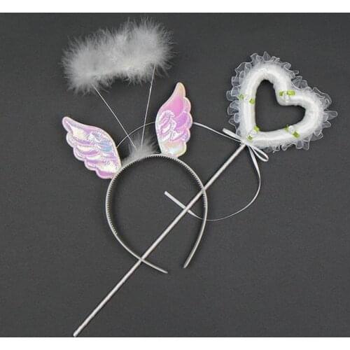 Girl fairy wings headband wands set feather hair band lace ribbon magic wand child princess party performance props event gift