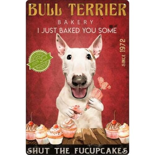 Dog Making Cake Metal Tin Sign,Bull Terrier Art Poster Iron Retro Painting Wall Decor Retro Bar Pub Diner Cafe Home Bathroom