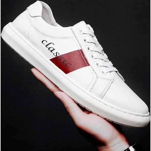 Men genuine leather shoes lace up mens fashion flat breathable lace up male shoes White Sneakers