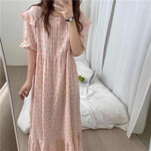 Pink Flowers Print Summer Nightgown Women Korean Loose Long Midi Dress Sleepwear O-Neck Buttons Cotton Linen Home Clothes