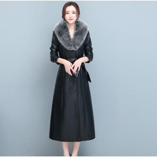 New Women Sheepskin Leather Coat Autumn Winter 2021 Fashion Fur Collar Double Breasted Plus Cotton Liner Slim Long Leather Coat