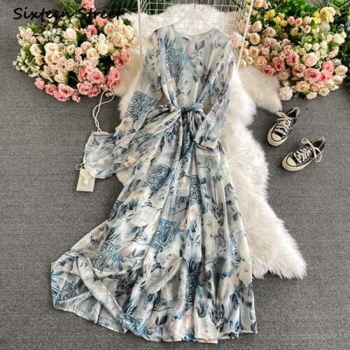 Dresses for Women Chic Design O Neck Elegant Fashion Puff Sleeve Loose Print High Quality Women Clothing Vintage Y2k Sexy Dress