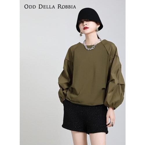 OddDellaRobbia Spring New Women Fashion Stitching Fold Lantern Sleeve Pullover Sweater Solid Color Long-Sleeved O-Neck Top 1947