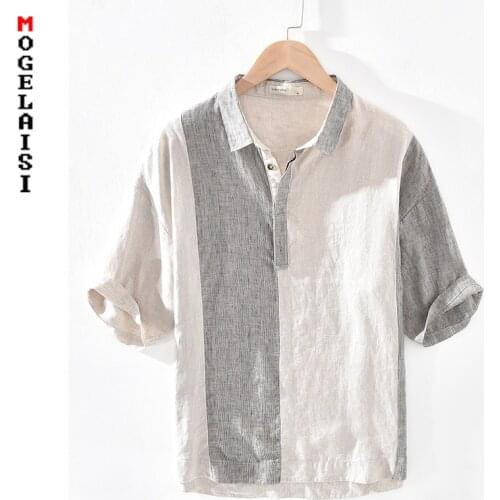 100% Linen shirt men summer short Breathable thin man tops shirt high quality khaki man clothing chemise homme Asian size MS1723
