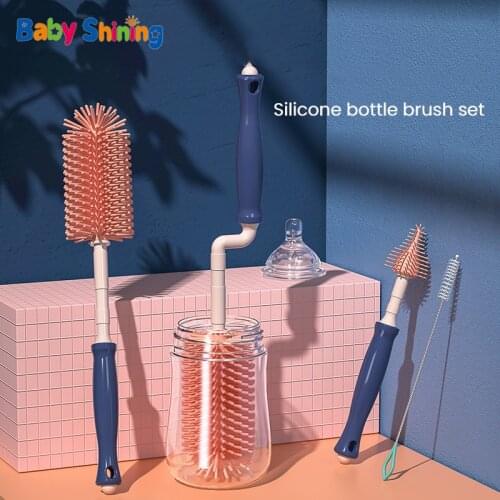 Silicone Milk Bottle Brush 360° Rotation Baby Soft Straw Brush Pacifier Cup Nipple Cleaning Brushes 2-3Pcs Sets Hangable