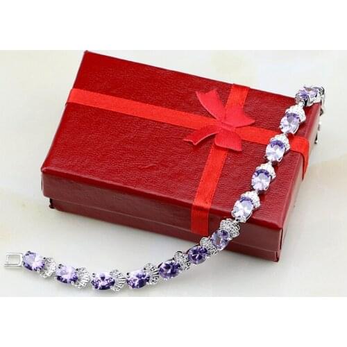 Vintage Oval Shield Shaped Purple Rhinestone Charm 925 Sterling Silver Chain Link Bracelet Vintage For Women Christmas Gift