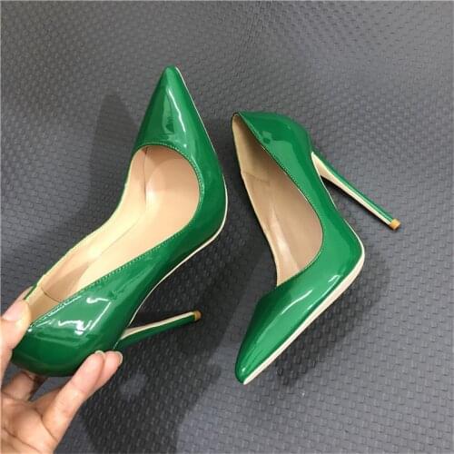 Women pumps 12cm high heels green PU leather pointed toe sexy stiletto party elegant 10cm 8cm shoes plus size QP111 CHENSIR9