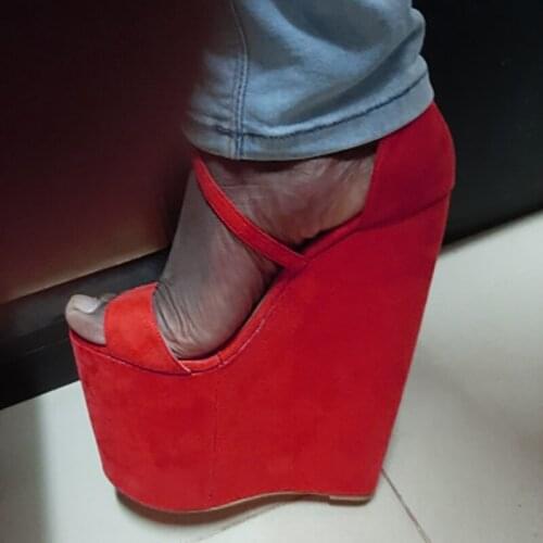 SEIIHEM Women Platform Wedges Pumps Super High Open Toe Cross Straps Faux Suede Sandals Ladies Shoes Woman Big Size 38 41 43 45