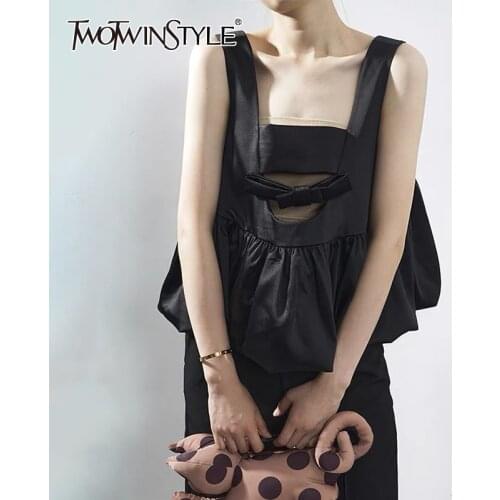 TWOTWINSTYLE Patchwork Bowknot Casual Vests For Women Square Collar Sleeveless Solid Tank Tops Female Summer Clothing 2021 Style