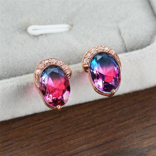 Blue Purple Oval Gradient Zircon Stud Earrings For Women Vintage Fashion Rose Gold Rainbow Stone Earrings Female Luxury Jewelry