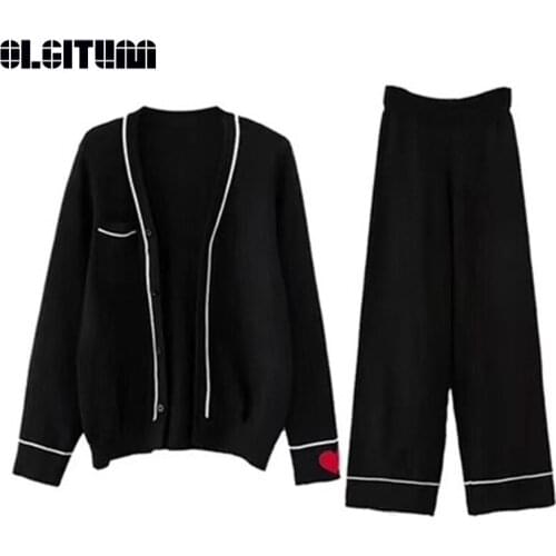 Knitted Sweater Set Female Autumn Winter 2020 New Fashion OL Love Pattern Playful Wide-Leg Pants Two-Piece Female WS205
