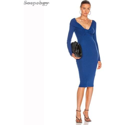2021 Spring New Fashion Womens Mid-length Blue Long-sleeved Bandage Dress Sexy V-neck High Stretch Elegant Club Banquet Dress