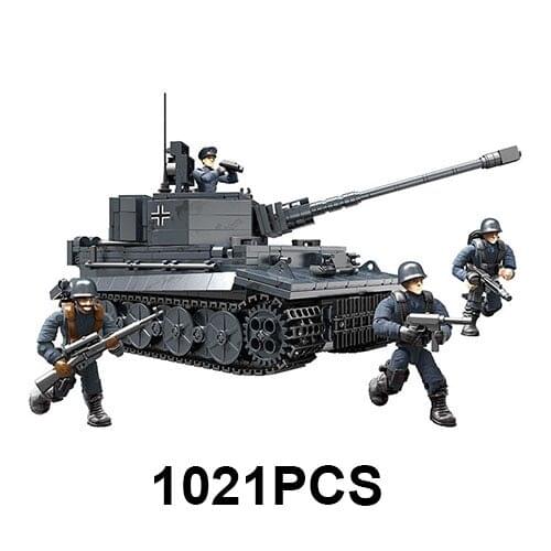1021Pcs Tiger Tank Humvee World War Military Battle of Rhineland Army Action Figures Mega Block WWII Weapon Building Bricks Toy
