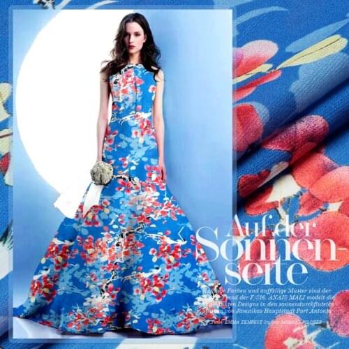 140cm wide15.5mm red trees print blue silk linen fabric for summer shirt dress a little transparent and hard fabric D124