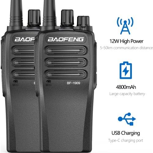 2pcs BaoFeng Walkie Talkie BF-1909 12W Powerful 50KM Long Range Portable Two Way Radio Type C Charger Transceiver hunting UV-5R