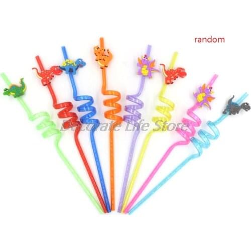 8pcs/set Cartoon Dinosaur Plastic Spiral Drinking Straws Use Party Juice Wine Cup Random
