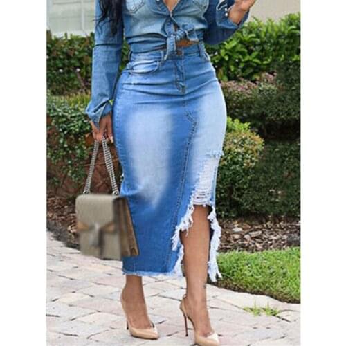 Fashion Vintage Washed Irregular Trendy High Waist Ripped Split Distressed Jeans Elastic Bodycon Women Skirts Denim Long Skirt