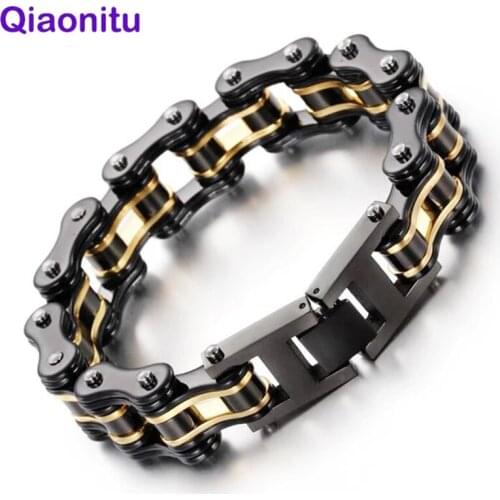 Customize Size 16mm Heavy Gold Bike Bracelet Men Women Stainless Steel Black Motor Motorcycle Biker Bracelets Bangle Jewelry