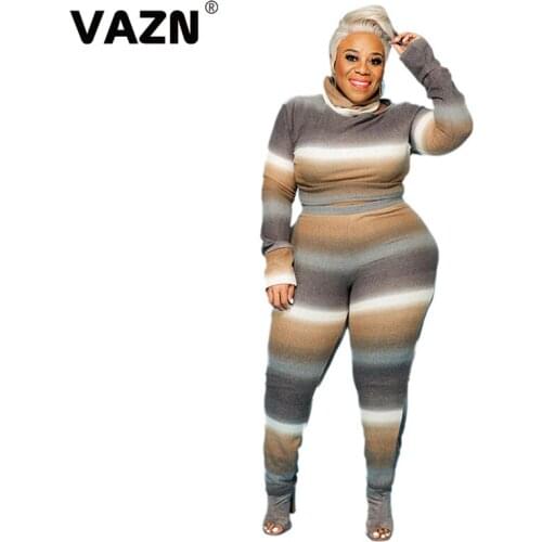 VAZN 2020 Top Quality Plus Size Mature Sexy Overalls Soft Turtleneck Full Sleeve Top Long Pants Skinny Women 2 Piece Se