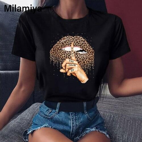 Summer Fashion Shirt Lips Leopard Graphic T Shirt Women Tops Base O-neckblack Tees Kiss Leopard Lip Funny Girls Tshirt