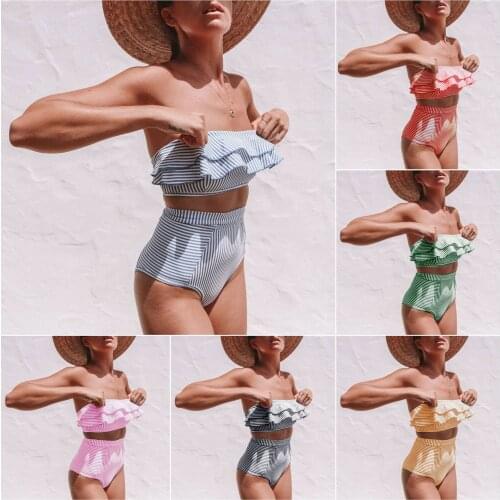 2020 Hot Selling WOMENS Swimwear Stripes Flounced High-waisted Bikini Swimwear Bathing Suit Women High Waist Thong Bikini