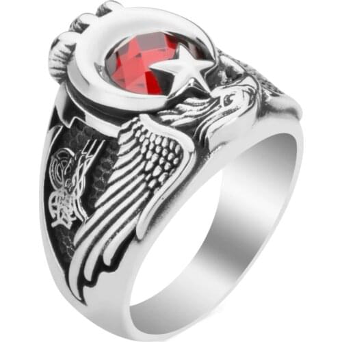 Jewelery Men Accesssory 925 Sterling Silver Vintage Claret Zircon Crescent Star Motif Ring Hawk Men Ring Claw Style