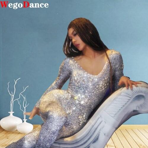 New Silver Crystals Jumpsuit Long Sleeves Birthday Celebrate Outfit Stretch Sexy Bodysuit Stage Performance Dance Rompers