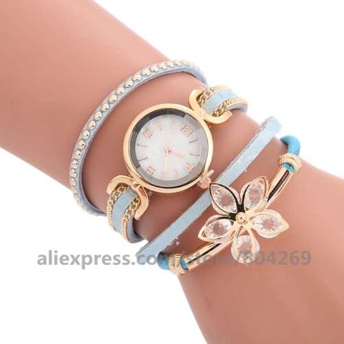 Wholesale Fashion Women Long Leather Watches Analog Quartz Flower Pendant Dress Wrap Around Wrist Watches 920629