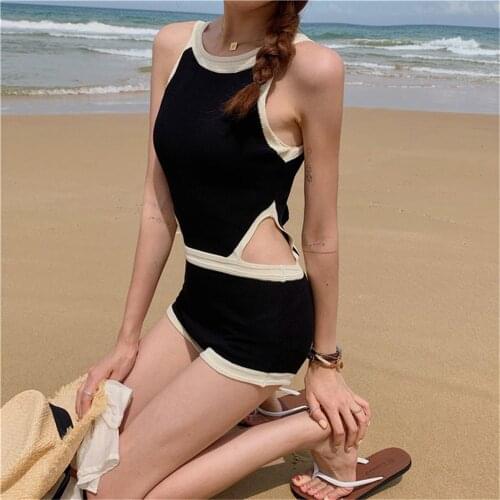 Sexy Cut Out One Piece Swimsuit Women Black Bathing Suit Open Back Swimwear Halter Monokini Push Up Pad Belt Tie Shorts Korea