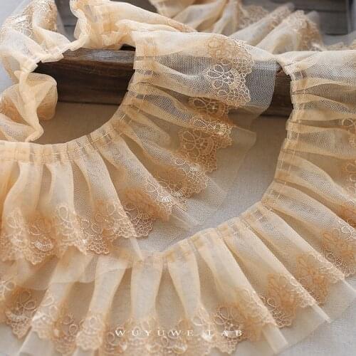 1M Champagne Black Mesh Embroidery African Lace Fabric Trims for Sewing Material Clothes Crinkle Double Layer Craft Wide 10CM