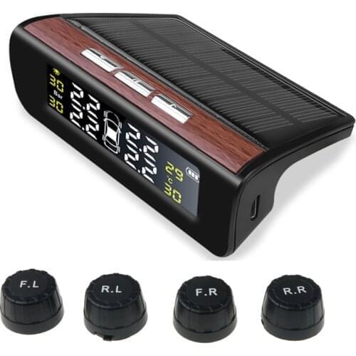 Smart TPMS Solar Tire pressure Aalarm Tyre High Temperature Monitoring alert with 4 Wheel external Sensors Auto Security Warning