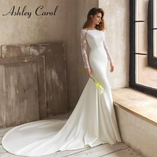 Ashley Carol Mermaid Wedding Dress 2021 Long Sleeve Satin Beaded Appliques Boat Neck Backless Bride Gowns Vestido De Novia