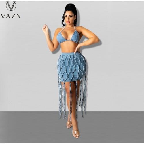 VAZN 2021 Special Holiday 2 Piece Set Boho Tassel Jean Blue Beach Summer 2 Piece Set Women Sleeveless Top And Mini Skirt Autumn