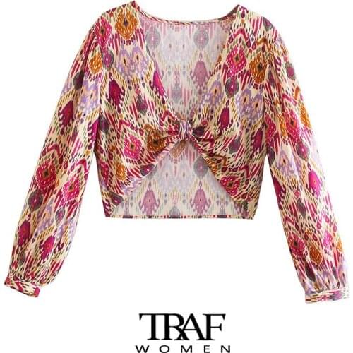 TRAF Za Women Fashion With Knotted Totem Print Cropped Blouses Vintage Long Sleeve Side Zipper Female Shirts Chic Tops