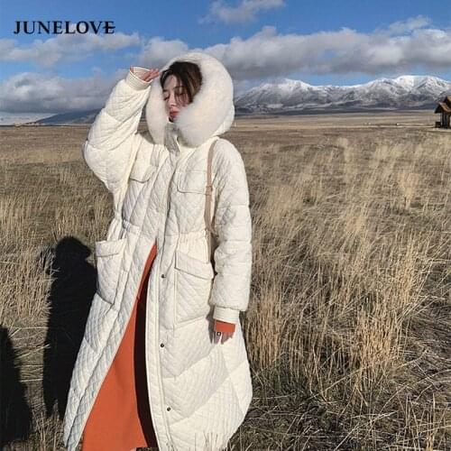 JuneLove Winter Women Down Parkas 90% White Duck Down Coat Vintage Long Large Fox Fur Hooded Jacket Warm Thickness Snow Outwears