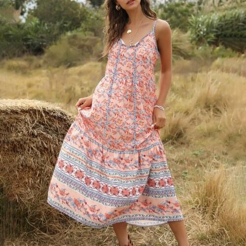 Ladies Bohemian Sleeveless V Neck Print Long Dress Womens Sexy Summer Spaghetti Strap Dress New