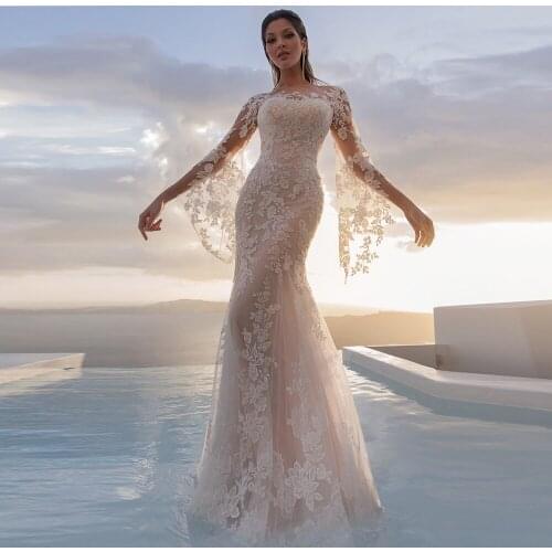 Long Flare Sleeve Lace Mermaid Wedding Dress 2021 Sheer O-Neck Gorgeous Bridal Gown With Button Back Sweep Train Custom Made
