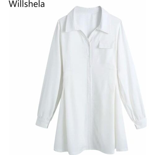 2021 Women Fashion Single Breasted Solid Mini Shirt Dress Lapel Neck Long Sleeve Vintage Female Dresses Femme Robe