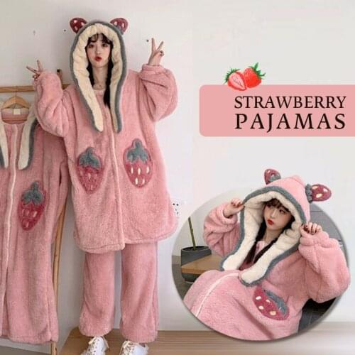 Winter Women Hooded Fleece Nightwear Bathrobe Warm Strawberry Bath Robe Thick Coral Velvet Pajamas Home Wear Nightgown
