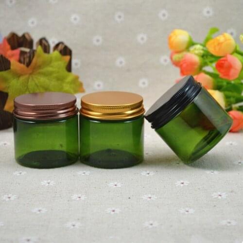 100pc/lot 50ml Green Clear Plastic Cosmetic Jar Serum Bottle Black Aluminum Cap 50g High End Refillable Cream Case Metal Lid