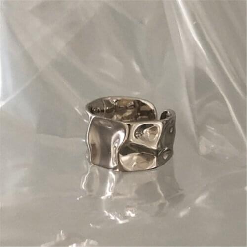 925 Sterling Silver Retro Dark Fold Bumpy Texture Wide Face Metal Ring Hip Hop Style Trend Boutique Fashion Jewelry