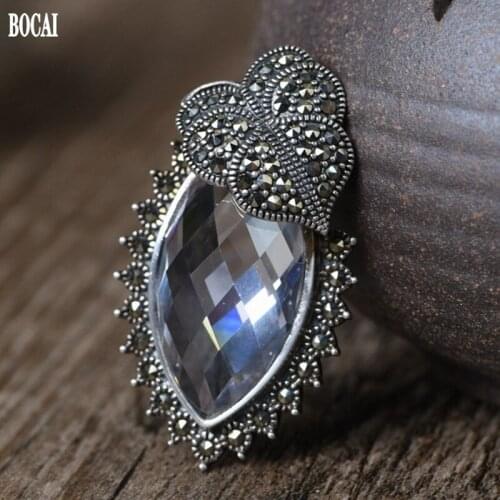 BOCAI New Real S925 Silver Jewelry Vintage Leaves Marc Sai Stone white Crystal Pendant for Women Fashion Womens Pendant