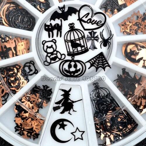 Brone Black Mix Halloween Shape Pumpkin Face Witch Spider Net Black Cat Bat Metallic Nail Art Sequins Decals Gem DIY Wheel