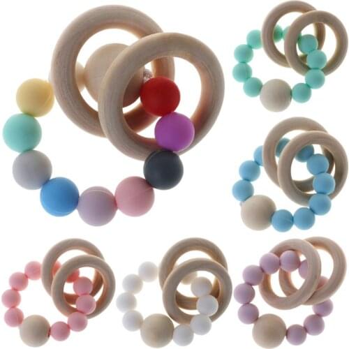 Baby Teether Bracelet Teething Toys Chew Bite Newborn Teeth Care Beads Jewelry Pain Relief Silicone Wood Rings Multi-functional