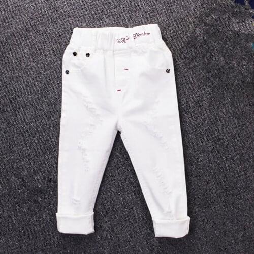 Spring & Autumn Boys White Jeans For Girls 2021 Korean Version Fashion Slim Elastic Waist Trousers Hole Casual Childrens Pants