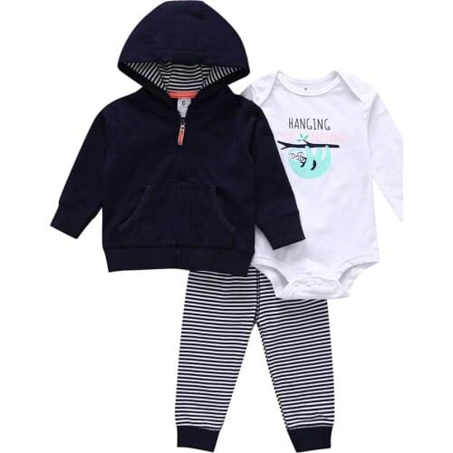 Cartered toddler Baby Girl Bodysuit Set 3pcs pack Hooded Long Sleeve Outwear+Short Sleeve Bodysuit+Pants 0-2Y Set
