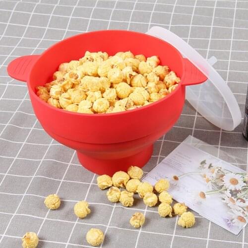 Creative Foldable Popcorn Bowl Maker with Lid Microwave Silicone Popcorn Bucket Red High Temperature Large Kitchen Easy Tool