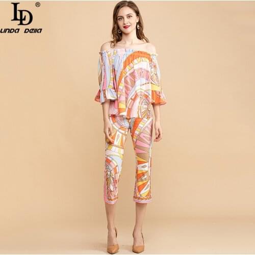 LD LINDA DELLA 2021 Summer Casual Holiday Sets Womens Short Batwing Sleeve Loose Shirt and Slim Flare Pants 2 Pieces Suits