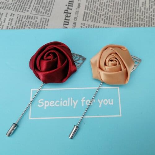 New Rose Flower Wedding Brooches Handmade Fabric Lapel Pins Copper Long Needle Pins Fashion Suit Accessory Lapel Pin for Men